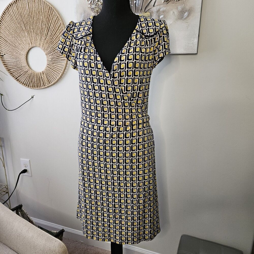Boden Yellow/Black Wrap Jersey Dress Geo Pattern Short Sleeve US 8P MSRP $98